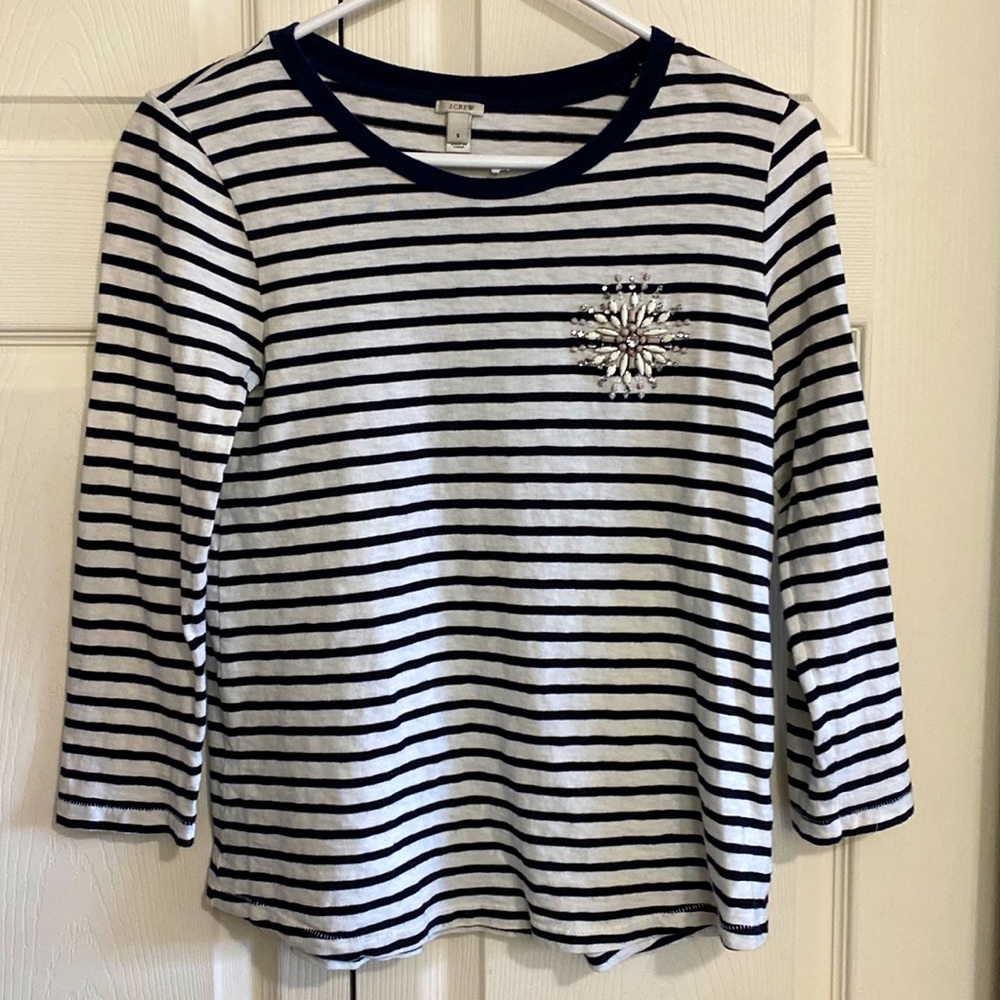 J. Crew Striped Embellished Top with Jeweled Brooch Accent - 3/4 sleeves - Small